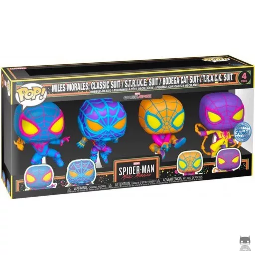 Figura Funko Pop! Miles Morales: Traje clásico, Traje S.T.R.I.K.E., Traje Bodega Cat & Traje T.R.A.C.K (Luz negra) (Spider-Man: Miles Morales)